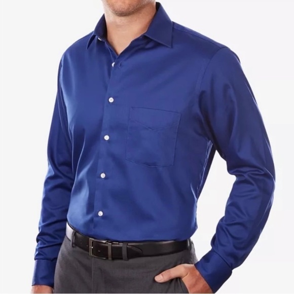 Men's Van Heusen Royal Blue Fitted Athletic Fit Lux Sateen Dress Shirt 34/35 - Picture 1 of 7